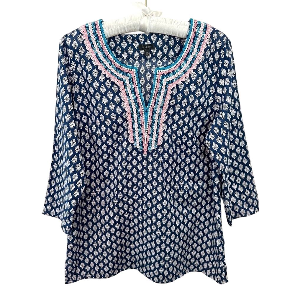 TALBOTS Blue Boho Embroidered Tunic Top 100% Cotton Peasant Blouse Resort Medium